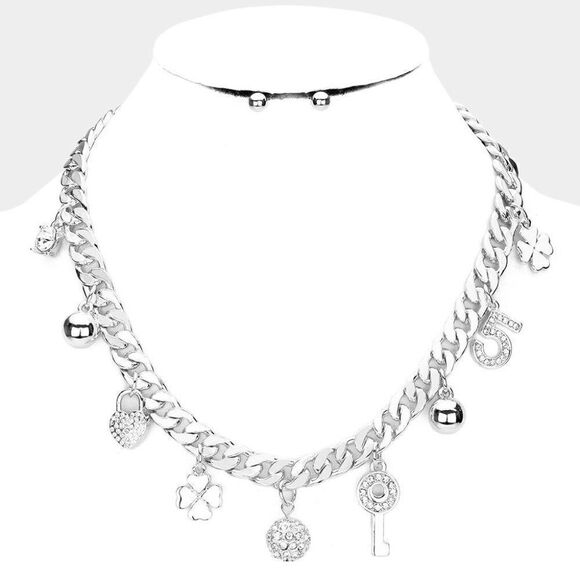 Rhinestone Key Lock Clover Necklace & Earrings - Picture 1 of 7